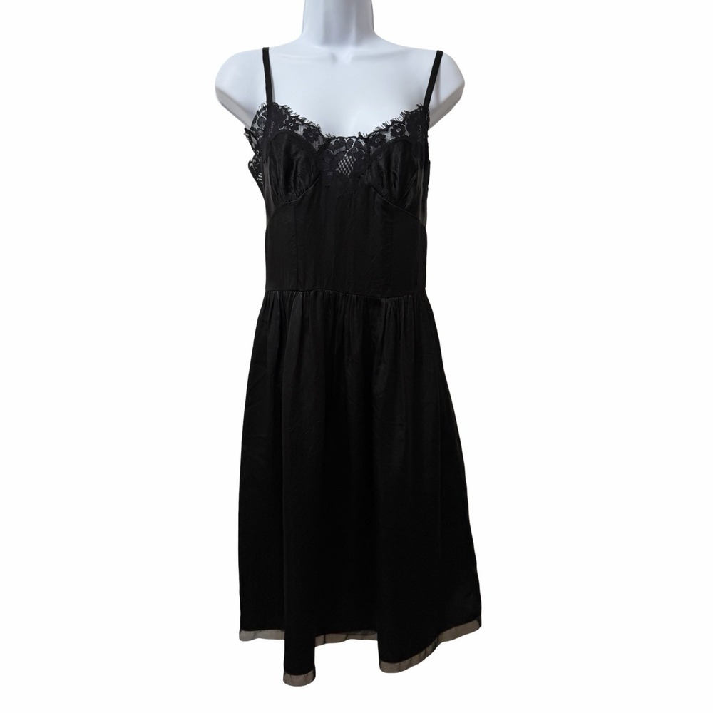 J Crew Knee Length Satin Lace Trim Slip Dress‎ Size 2 Black Chic Dark Romantic